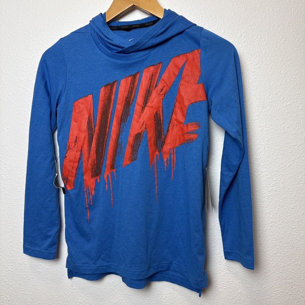 Boys Nike Breathe Long Sleeve Hoodie Top Blue/Red Size M Polyester Blend